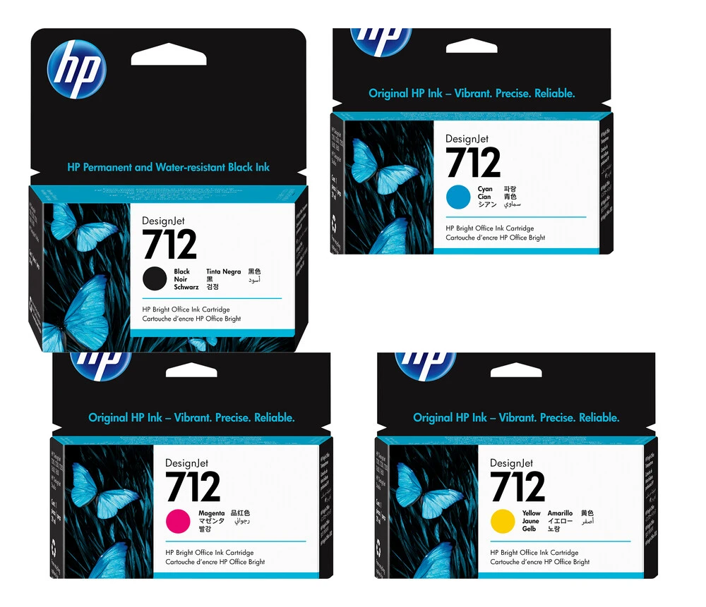 Pack HP 712 original: cartuchos negro 38 ml, cian, magenta y amarillo 29 ml para HP DesignJet T210 T230 T250 T630 T650 Studio